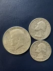 Two 1964 D Washington Silver Quarters And A 1964 Kennedy Half Dollar 90% Silver