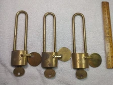 3 - Long Shank 4" Wilson Bohannon Brass Padlocks Keys Tags