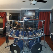 Blue pearl drumset with symbols foot pedals and seat