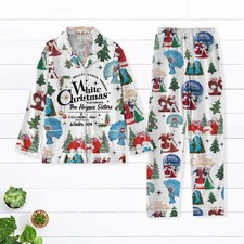 White Christmas Pajama Long Set Vintage Movie Print Festive Holiday Sleepwear