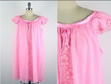 Vintage 60s Pink Nylon Lace Babydoll Nightgown Dress with Floral Lace Tie
