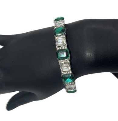 VTG Silver Tone Mod Bracelet   Emerald Green & Clear Rhinestone Design