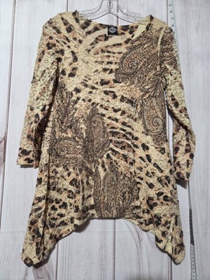 Cal Style Tunic Top Womens Small Beige Animal Paisley Lace Mesh Asymmetrical USA