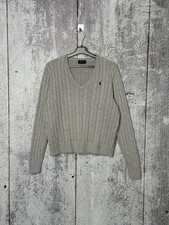 Polo Ralph Lauren Cable Knit Cotton V-Neck Jumper Sweater Gray Women s Size L