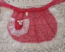 Vintage Red Sheer Hostess Half Apron White Lace Trim Housewife Farmhouse Retro
