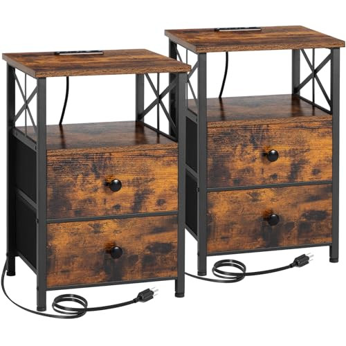 Night Stand Set of 2 with Charging Station for Bedroom or Living Room
