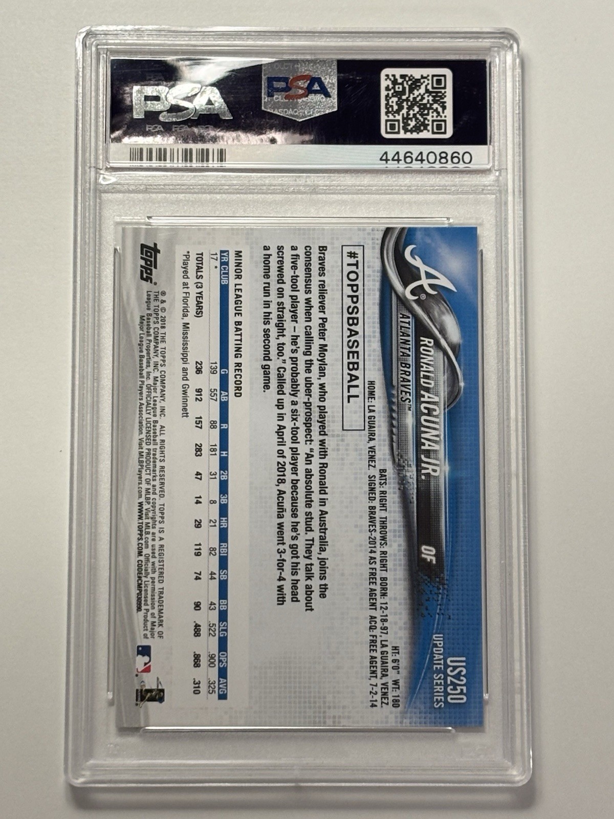 Topps 2018 Update Ronald Acuna Jr. Rookie Base Set #US250 Braves PSA 10 view 2