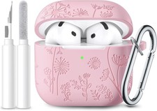 Silicone Case with Keychain for Apple AirPods 4, Cute Flower Engraved Design, Pi