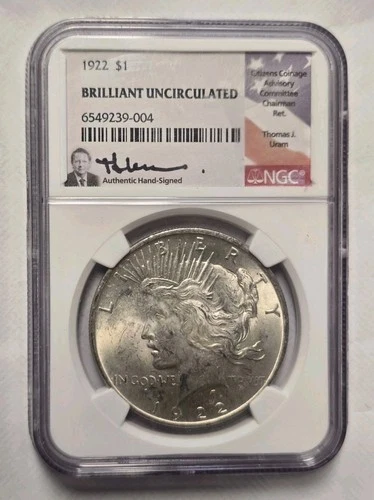 1922 Peace Silver Dollar NGC Brilliant Uncirculated Thomas J. Uram Signed