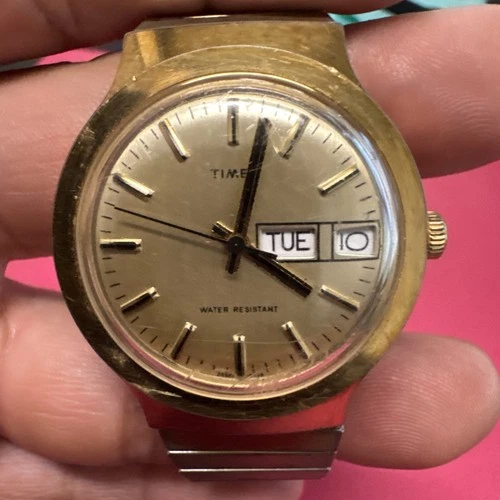 Vintage Timex Automatic Men’s Watch Gold Dial Day Date 37mm 🔥 No Reserve