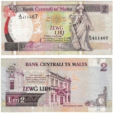 183 Malta Banknote 2 Lira - 1994 P#45a, ( ss ) - Signature FJV - see orig. Scans