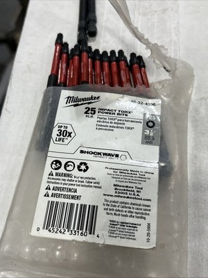 25 Pack Of Milwaukee 48-32-4396 T25 Torx Shockwave Impact 3-1/2'' Power Bits