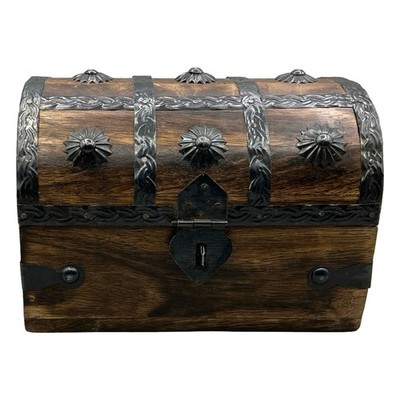 Rustic Wooden Treasure Chest Domed Trinket Box Metal Embossed Straps 7x5x4.5