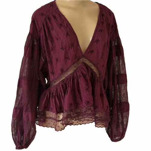Free People Nostalgic Feels blusa rinascimentale contadina bordeaux top S - Foto 1 di 7
