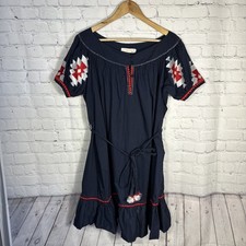 Tory Burch Alicia Dress 8 Embroidered Cotton Voile Boho Navy Blue Ruffles