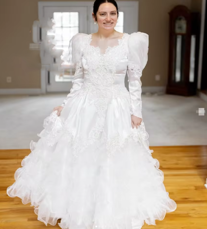 Retro 80s Wedding Dress With Organza Ruffles Long Sleeve Celtic Victorian  Bridal