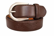 Mens Genuine Leather Casual U.S.A Bald Eagle Brown Belt With Matte Finish Buckle