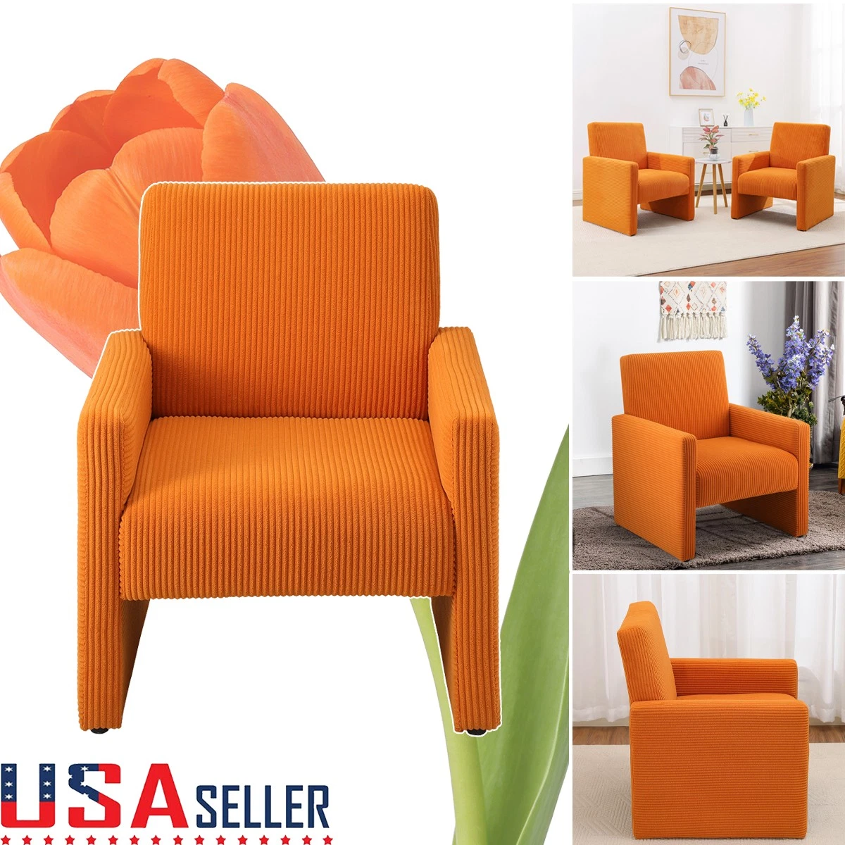 Corduroy Sofa–Detachable Armrests, Modular Small Couch, Orange, Easy Assembly
