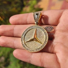 1.25 ctw Simulated Diamond 14K Yellow Gold Over Mercedes Medallion Pendant 1.9"