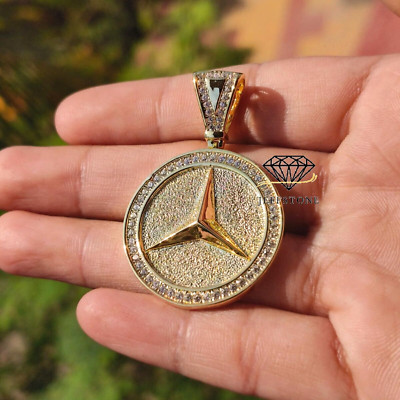 1.25 ctw Simulated Diamond 14K Yellow Gold Over Mercedes Medallion Pendant 1.9''