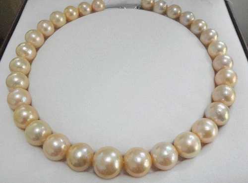 18"12-15MM NATURAL SOUTH SEA GENUINE GOLD PINKISH NUCLEAR ROUND PEARL NECKLACE