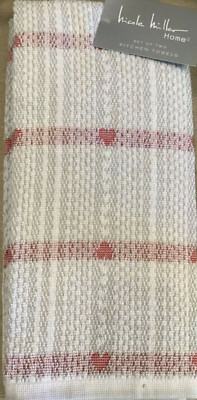 NICOLE MILLER HOME KITCHEN TOWELS (2) GRAY RED HEARTS 100% COTTON NWT