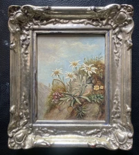 Oil Painting Meadows Alps ° Unreadable Signed° Edelweiss At Mountain Peaks