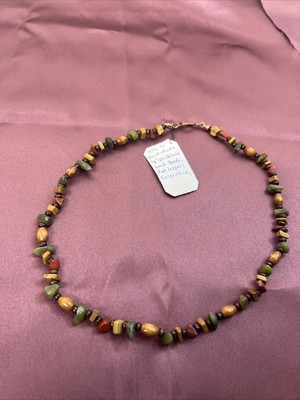 Handmade 18 Inch Necklace Wood Beads Red Jasper Serpentine