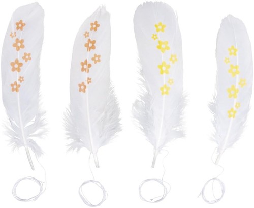 Rayher 85469000 Deko-Federn weiß mit Blumen 4 Stück 15-17cm mit Kordel ...