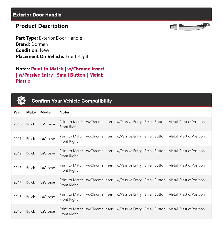 Manija de puerta exterior delantera derecha para Buick LaCrosse Dorman 2010-2016 2011 2012 Foto 2 de 4