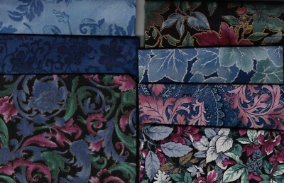 Fat Quarter Set of 7, Blue, Pink, Green, Leaves, Flowers, Metallic Gold & Silver