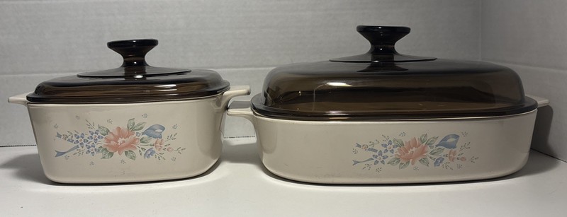 Vintage Corning Ware Symphony Pattern Of Pink/Blue Flowers Set Of 2  With Lids