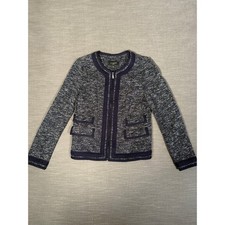Talbots Tweed Knit Jacket Braided Trim Pockets Zip Navy White Women's 6P Blazer