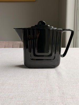 Vintage 1980s Art Deco Black Ceramic Teapot Stepped Lid Postmodern 6.5''