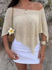 Women Off The Shoulder Knitwear Crop Top Khaki Loose Fit Hollow Out Pointelle As