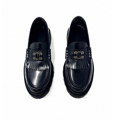 Celine Triomphe Margaret Frame Black Leather Chunky Fringe Loafer Sz 38