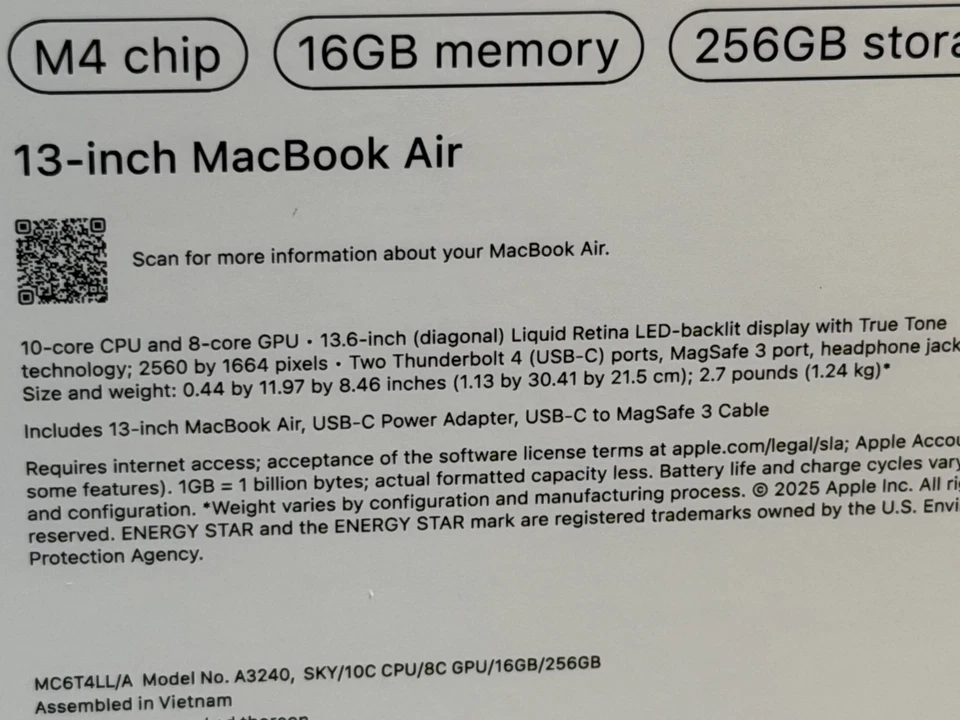 Apple MacBook Air 13" M4 16GB 256GB MC6T4LL/A A3240 2025 – Factory Sealed New - Image 3 of 3
