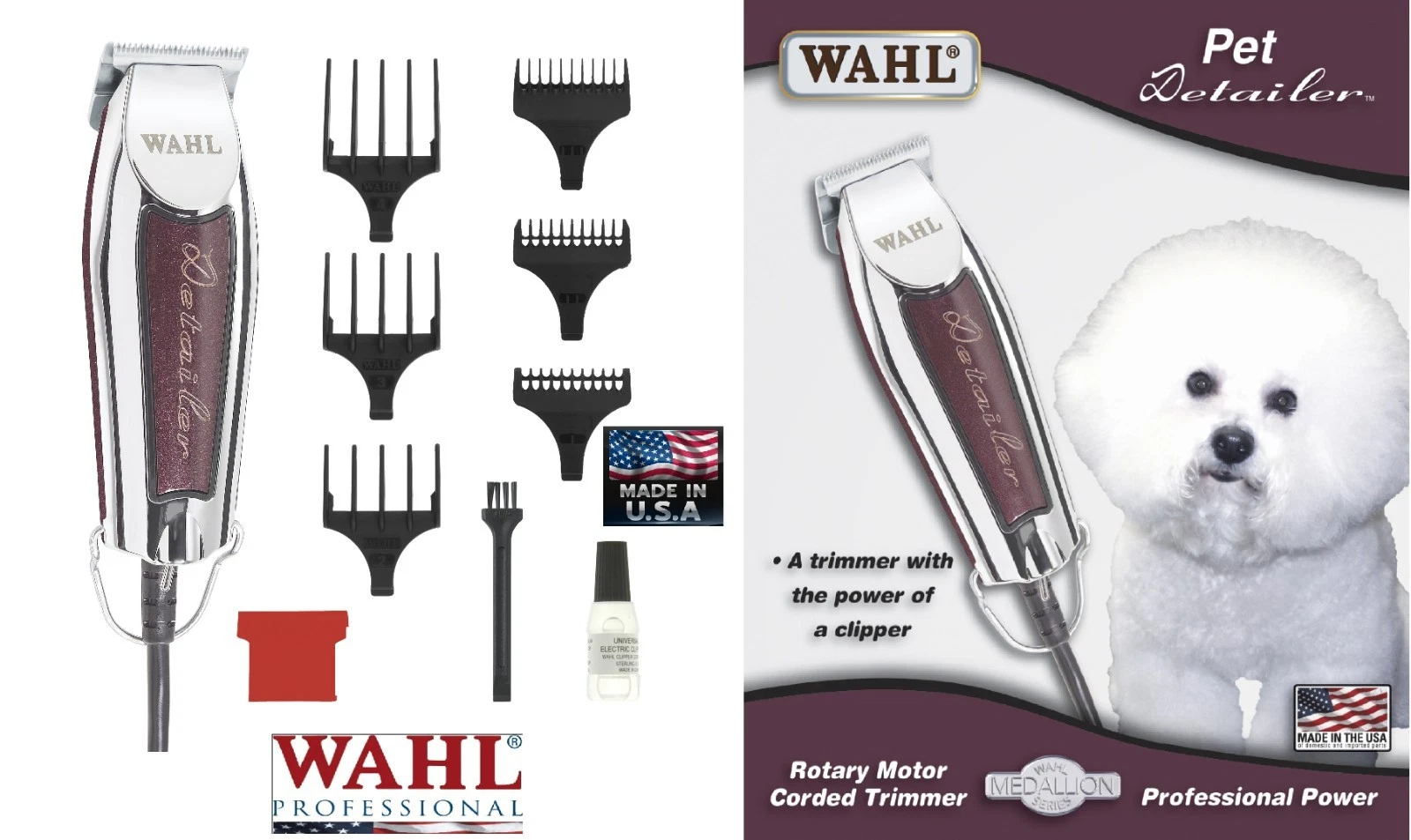 Wahl Pet Grooming Detailer Corded TRIMMER/CLIPPER KIT,Blade,6 pc Guide Comb SET