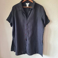 Avenue Sz M 14 / 16 Linen Blend Oversized Tunic Top Shirt Black Boyfriend Button