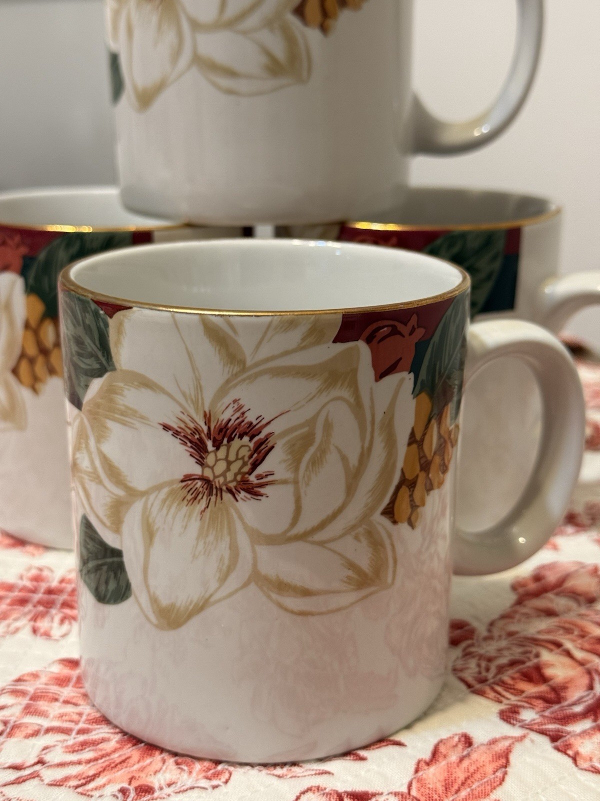 TIENSHAN Fine China Magnolia 4pc Coffee Mugs 14oz Excellent Condition