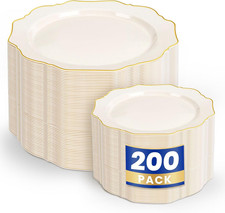 200PCS Ivory Plastic Plates with Gold Rim - Elegant Disposable Dinner  Dessert
