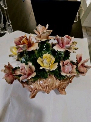 Vintage Capodimonte Italy Porcelain  Floral Centerpiece Roses Large Hand Painted