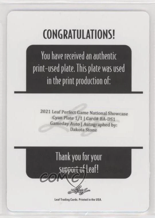2021 Leaf Perfect Game National Showcase 1/1 Dakota Stone #BA-DS1 Auto nd3 - Image 2 of 3