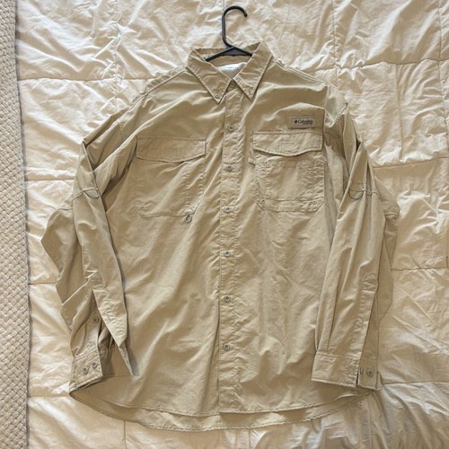 Columbia PFG Men’s L Beige Solid Nylon Fishing Shirt Ventilated Pockets