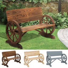 Wood Outdoor Garden Bench with Wagon Wheel Armrest & High Back