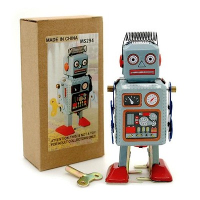 TIN TOY ROBOT 4.5'' Wind Up Blue Litho Retro Collectible Cute Mini Radicon MS294