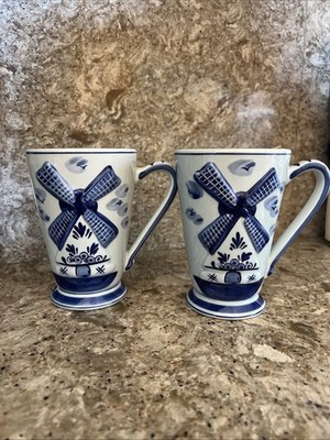 Delftware Blue Windmill Coffee Tea Hand Painted Holland 12oz Set Of 2