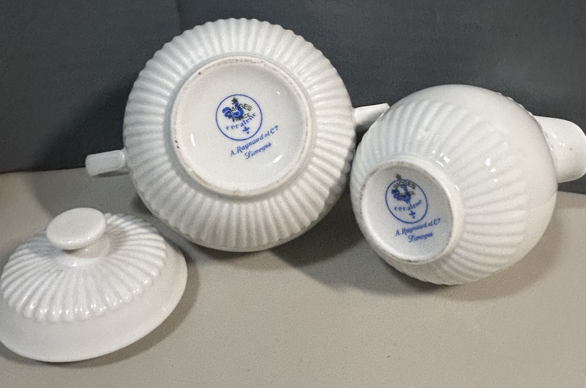 Vtg A.Raynaud Limoges France Ceralene Creamer Double Sugar Handle Ribbed Design