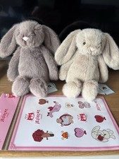 NEU SELTEN 2 x Jellycat Flausch Hasen Hafer & Rehkitz & Jellycat Aufkleber Brandneu mit Etikett