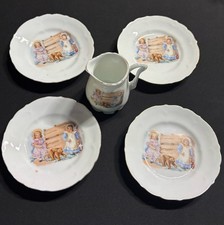 Vintage Children  s Porcelain Dish Set - 5 Piece Set 4 Plates  Creamer 